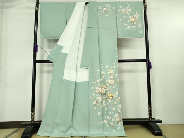 平和屋本店●極上　佐賀錦　訪問着　友禅　作家物　枝椿　錆青磁色地　金銀糸　ロング丈　逸品　DZAB6724kh6