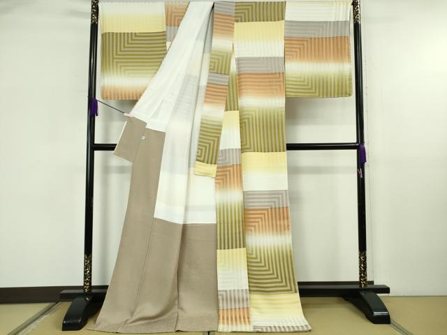 平和屋本店●極上　キモノデザイナー　斉藤上太郎　小紋　お召地　幾何学文様　暈し染め　ロング丈　逸品　DZAB6744kh6