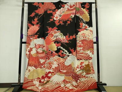 平和屋本店●極上　アンティーク　大正ロマン　振袖　駒刺繍　立波飛鶴文　黒地　金銀彩　逸品　DZAB6745kh6