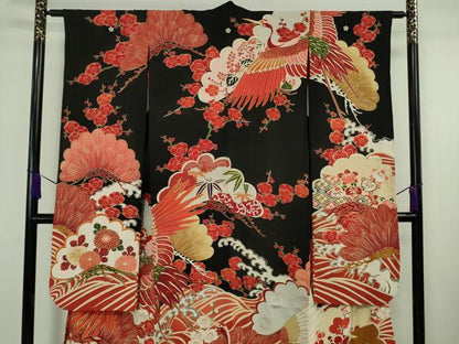 平和屋本店●極上　アンティーク　大正ロマン　振袖　駒刺繍　立波飛鶴文　黒地　金銀彩　逸品　DZAB6745kh6