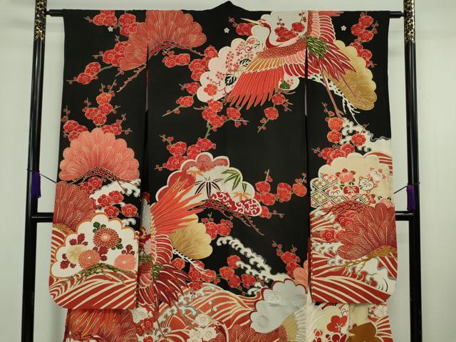 平和屋本店●極上　アンティーク　大正ロマン　振袖　駒刺繍　立波飛鶴文　黒地　金銀彩　逸品　DZAB6745kh6