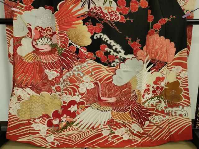 平和屋本店●極上　アンティーク　大正ロマン　振袖　駒刺繍　立波飛鶴文　黒地　金銀彩　逸品　DZAB6745kh6