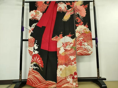 平和屋本店●極上　アンティーク　大正ロマン　振袖　駒刺繍　立波飛鶴文　黒地　金銀彩　逸品　DZAB6745kh6