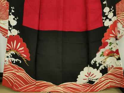 平和屋本店●極上　アンティーク　大正ロマン　振袖　駒刺繍　立波飛鶴文　黒地　金銀彩　逸品　DZAB6745kh6