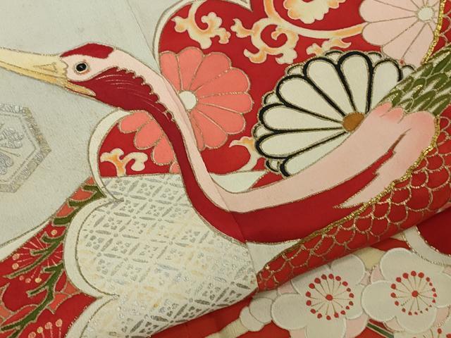 平和屋本店●極上　アンティーク　大正ロマン　振袖　駒刺繍　立波飛鶴文　黒地　金銀彩　逸品　DZAB6745kh6