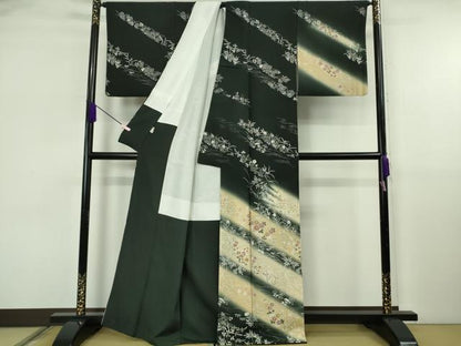 平和屋本店●極上　訪問着　草花文　黒地　暈し染め　逸品　DZAB6749kh6