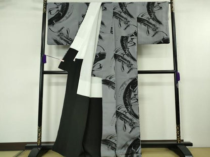 平和屋本店●極上　世界的友禅作家　千地泰弘　小紋　お召地　いろは唄　錫色地　逸品　DZAB6750kh6