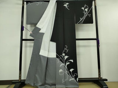平和屋本店●極上　訪問着　カラー　黒×灰青色地　逸品　DZAB6751kh6