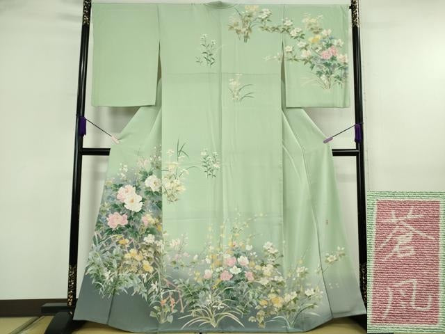 平和屋本店●極上　十日町友禅作家　岡村蒼風　訪問着　枝花文　裏葉柳色地　暈し染め　逸品　DZAB6756kh6