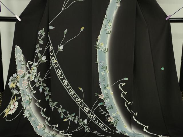 平和屋本店●極上　本加賀友禅作家　松島由美　訪問着　葡萄蔦の葉　草花文　紫黒色地　ロング丈　逸品　DZAB6758kh6