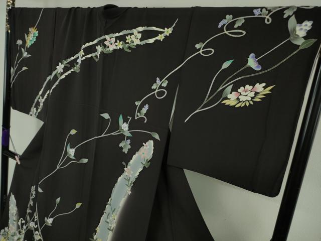 平和屋本店●極上　本加賀友禅作家　松島由美　訪問着　葡萄蔦の葉　草花文　紫黒色地　ロング丈　逸品　DZAB6758kh6