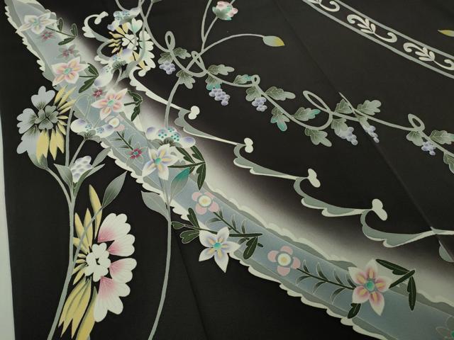 平和屋本店●極上　本加賀友禅作家　松島由美　訪問着　葡萄蔦の葉　草花文　紫黒色地　ロング丈　逸品　DZAB6758kh6