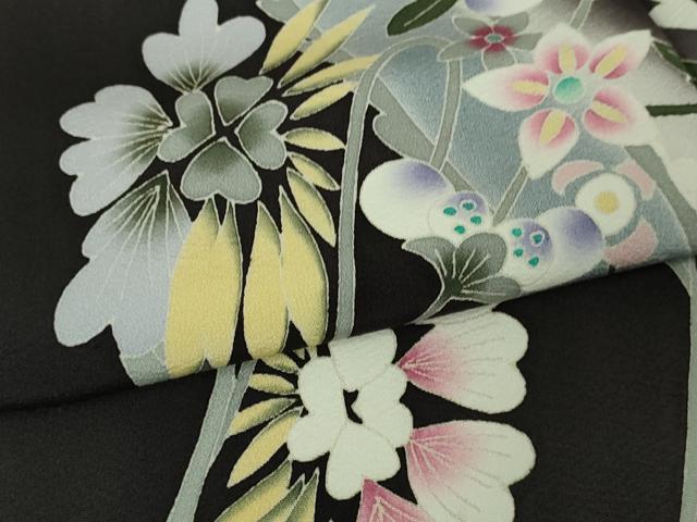 平和屋本店●極上　本加賀友禅作家　松島由美　訪問着　葡萄蔦の葉　草花文　紫黒色地　ロング丈　逸品　DZAB6758kh6
