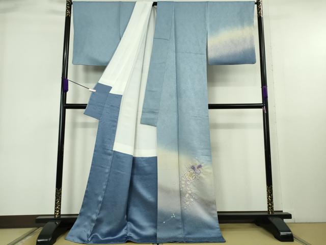 平和屋本店●極上　久保田一竹 幻の辻が花　訪問着・長襦袢セット　勿忘草色地　暈し染め　銀通し地　反端付き ロング丈 逸品　DZAB6762kh6