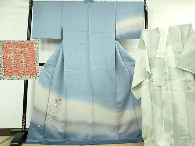 平和屋本店●極上　久保田一竹 幻の辻が花　訪問着・長襦袢セット　勿忘草色地　暈し染め　銀通し地　反端付き ロング丈 逸品　DZAB6762kh6