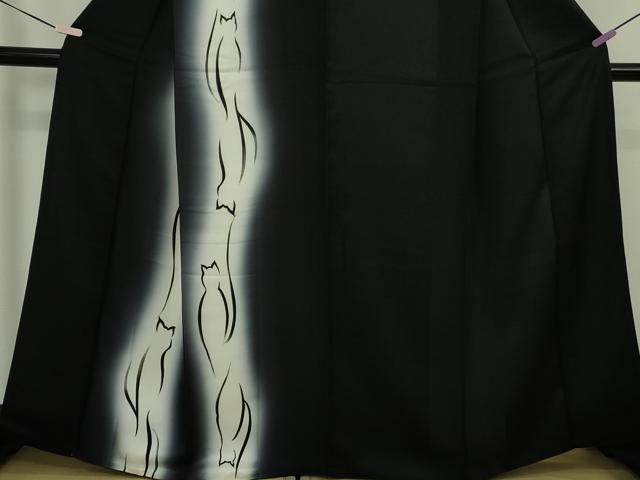 平和屋本店●極上　訪問着　猫　ネコ　シルエット　間道　暈し染め　黒地　逸品　DZAB6772kh6