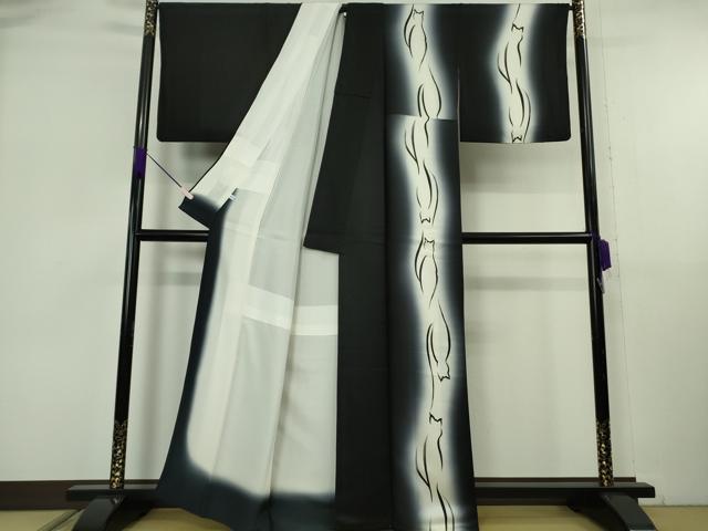 平和屋本店●極上　訪問着　猫　ネコ　シルエット　間道　暈し染め　黒地　逸品　DZAB6772kh6