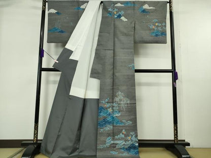 平和屋本店●極上　人間国宝　五代　田畑喜八　訪問着　紬地　本藍　枝垂れ柳風景　灰色地　金糸　逸品　DZAB6778kh6