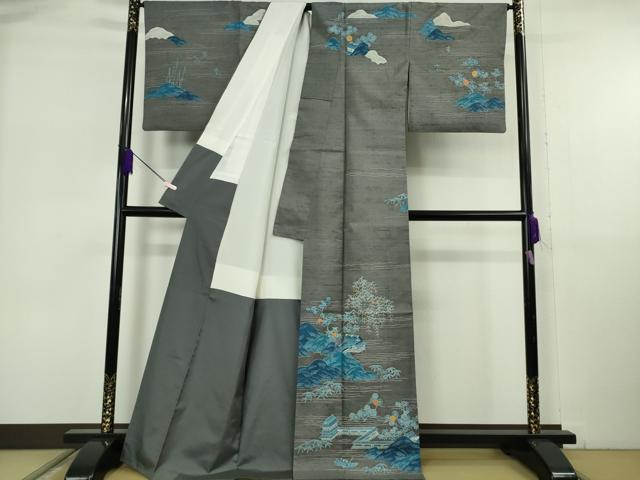 平和屋本店●極上　人間国宝　五代　田畑喜八　訪問着　紬地　本藍　枝垂れ柳風景　灰色地　金糸　逸品　DZAB6778kh6