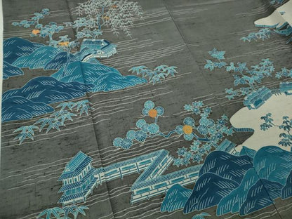 平和屋本店●極上　人間国宝　五代　田畑喜八　訪問着　紬地　本藍　枝垂れ柳風景　灰色地　金糸　逸品　DZAB6778kh6