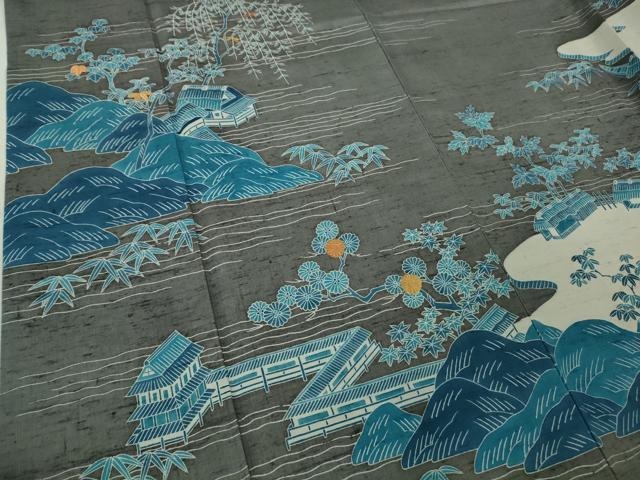 平和屋本店●極上　人間国宝　五代　田畑喜八　訪問着　紬地　本藍　枝垂れ柳風景　灰色地　金糸　逸品　DZAB6778kh6