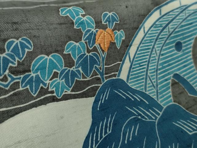 平和屋本店●極上　人間国宝　五代　田畑喜八　訪問着　紬地　本藍　枝垂れ柳風景　灰色地　金糸　逸品　DZAB6778kh6