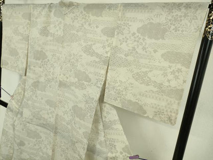 平和屋着物＊極上　夏物　結城紬　夏結城　100亀甲　雲取り霞花文　練色地　逸品　DZAB6787kh6