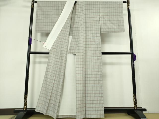 平和屋本店▽希少　重要無形文化財　本場久米島紬　ゆうな染　手織　単衣　格子　三越扱い　逸品　DZAB6795kh6
