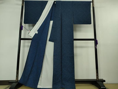 平和屋本店▽極上　BANKANわものや　お召　単衣　本藍　風通織　葵　唐草　反端付き　逸品　未使用　DZAB6814kh6