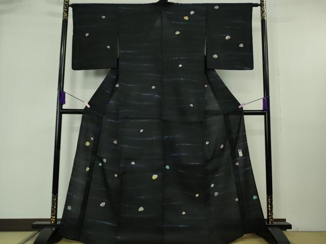 平和屋着物＊極上　夏物　京友禅作家　黒島敏　訪問着　紗紬　貝合わせ　黒地　金彩　逸品　DZAB6830kh6