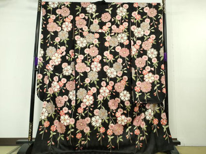 平和屋本店●極上　振袖　枝垂れ花　黒地　金彩　逸品　DZAB6834kh6
