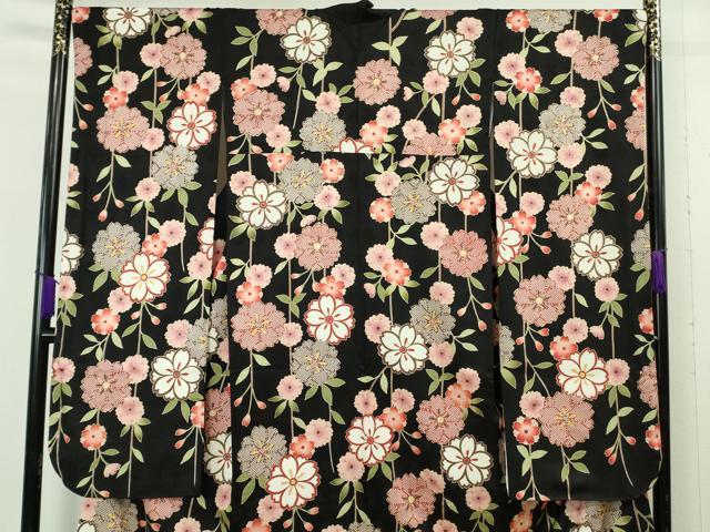 平和屋本店●極上　振袖　枝垂れ花　黒地　金彩　逸品　DZAB6834kh6