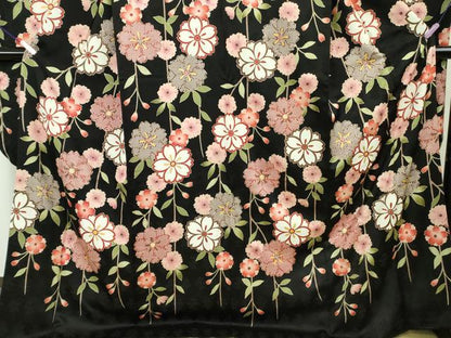 平和屋本店●極上　振袖　枝垂れ花　黒地　金彩　逸品　DZAB6834kh6