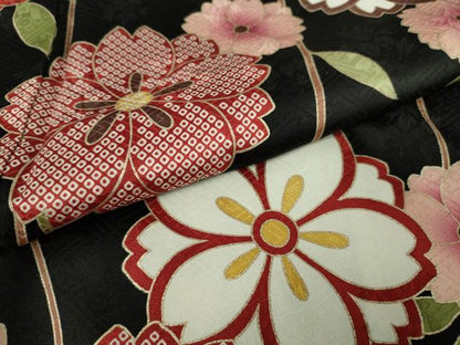 平和屋本店●極上　振袖　枝垂れ花　黒地　金彩　逸品　DZAB6834kh6