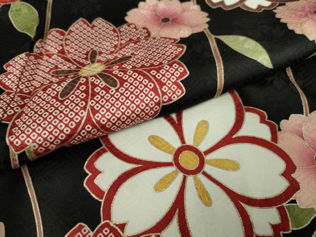 平和屋本店●極上　振袖　枝垂れ花　黒地　金彩　逸品　DZAB6834kh6
