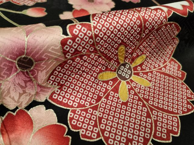 平和屋本店●極上　振袖　枝垂れ花　黒地　金彩　逸品　DZAB6834kh6