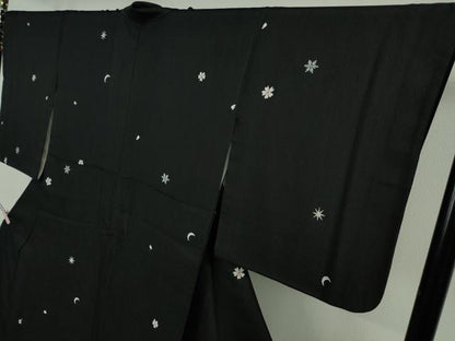 平和屋本店●極上　創業200年・7代目永治屋清左衛門　お召　唐織　三日月　桜　雪華　黒地　やまと誂製　逸品　DZAB6836kh6