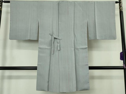 平和屋着物∞極上　道中着　ロング丈　縞　灰青色地　鬼しぼ縮緬　ゑり善扱い　逸品　DZAB6840kh6