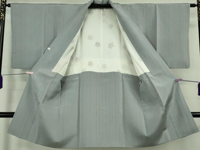 平和屋着物∞極上　道中着　ロング丈　縞　灰青色地　鬼しぼ縮緬　ゑり善扱い　逸品　DZAB6840kh6