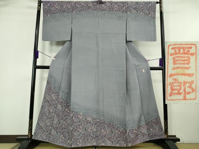 平和屋本店●極上　本場琉球紅型　平野晋二郎　訪問着　草葉文　桔梗鼠色地　暈し染め　逸品　DZAB6843kh6