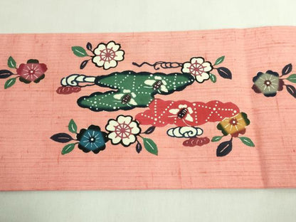 平和屋着物●極上　染工房まきや　真喜屋均　九寸名古屋帯　紬地　花蝶文　宍色地　逸品　DZAB6870kh6