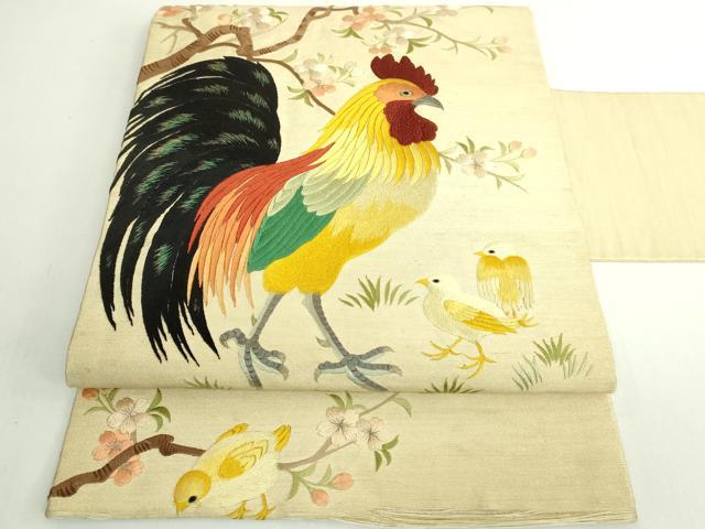平和屋本店●極上　アンティーク　大正ロマン　九寸名古屋帯　総手刺繍　鶏　ヒヨコ　桜　逸品　DZAB6873kh6
