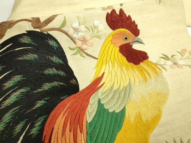 平和屋本店●極上　アンティーク　大正ロマン　九寸名古屋帯　総手刺繍　鶏　ヒヨコ　桜　逸品　DZAB6873kh6