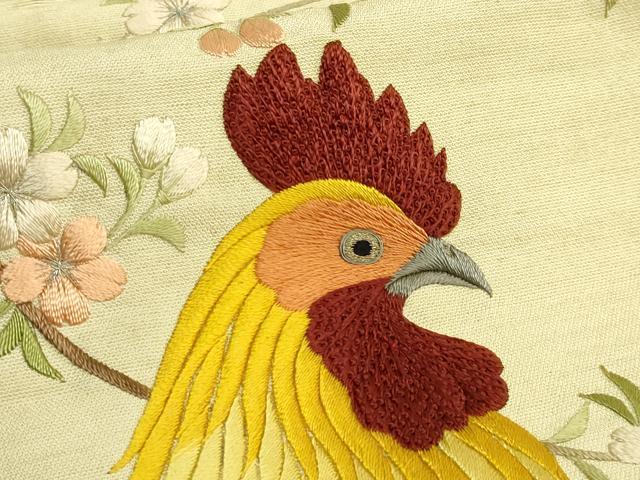 平和屋本店●極上　アンティーク　大正ロマン　九寸名古屋帯　総手刺繍　鶏　ヒヨコ　桜　逸品　DZAB6873kh6