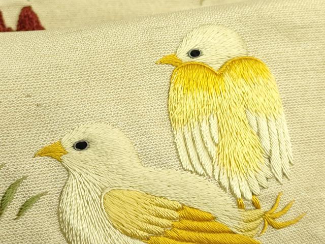 平和屋本店●極上　アンティーク　大正ロマン　九寸名古屋帯　総手刺繍　鶏　ヒヨコ　桜　逸品　DZAB6873kh6