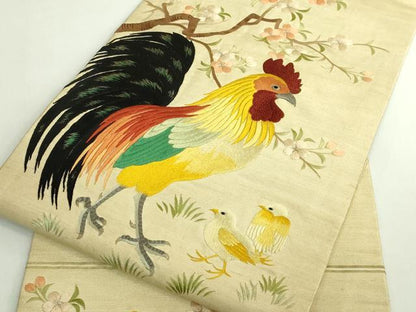平和屋本店●極上　アンティーク　大正ロマン　九寸名古屋帯　総手刺繍　鶏　ヒヨコ　桜　逸品　DZAB6873kh6
