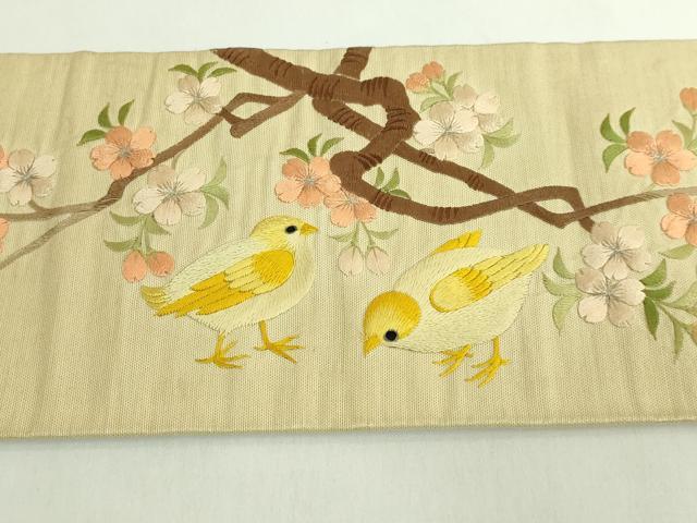 平和屋本店●極上　アンティーク　大正ロマン　九寸名古屋帯　総手刺繍　鶏　ヒヨコ　桜　逸品　DZAB6873kh6
