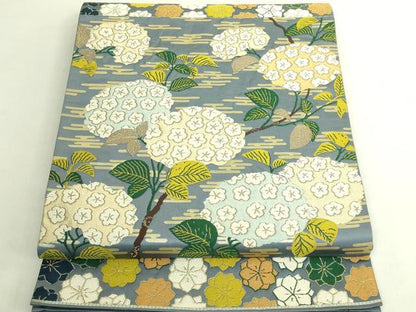 平和屋着物●極上　西陣　白綾苑大庭　六通柄袋帯　紫陽花　金糸　湊鼠色地　逸品　DZAB6874kh6