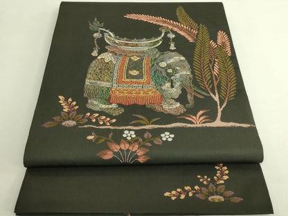 平和屋着物●極上　太鼓柄袋帯　インドゾウ　羊羹色地　金銀糸　逸品　DZAB6876kh6