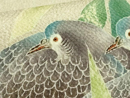 平和屋本店●極上　東京友禅　熊谷好博子　九寸名古屋帯　鳩　ハト　希少柄　白橡色地　鬼しぼ縮緬　逸品　DZAB6880kh6